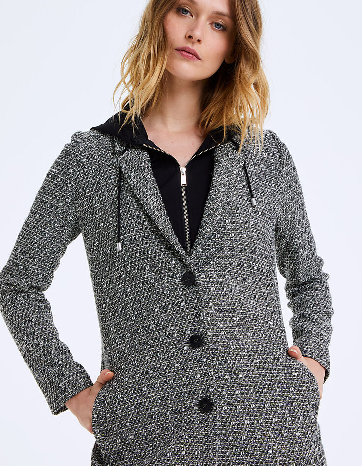 Manteau mi-long en tweed à capuche amovible femme-4 Manteau mi-long en tweed à capuche amovible femme-4
