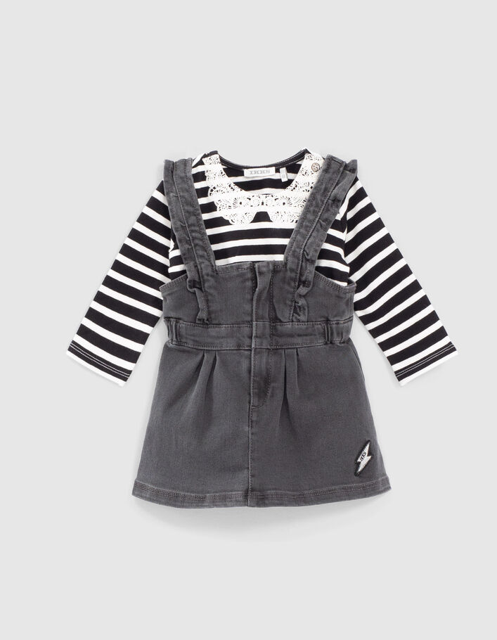 Cotton Blend Striped Women's Dungaree Dress with Top black