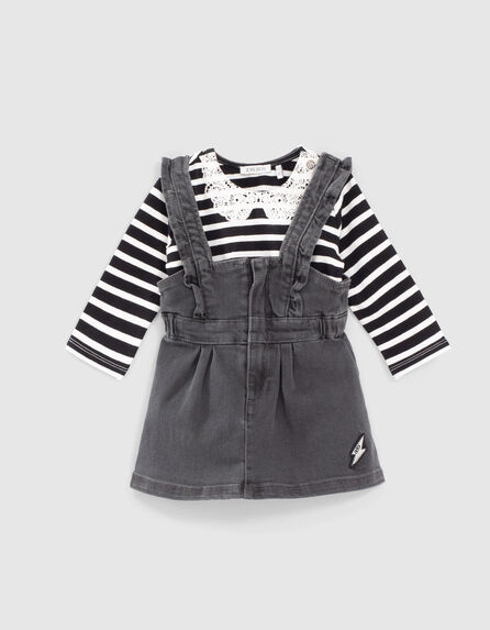 Baby girls’ striped T-shirt and grey denim dress outfit