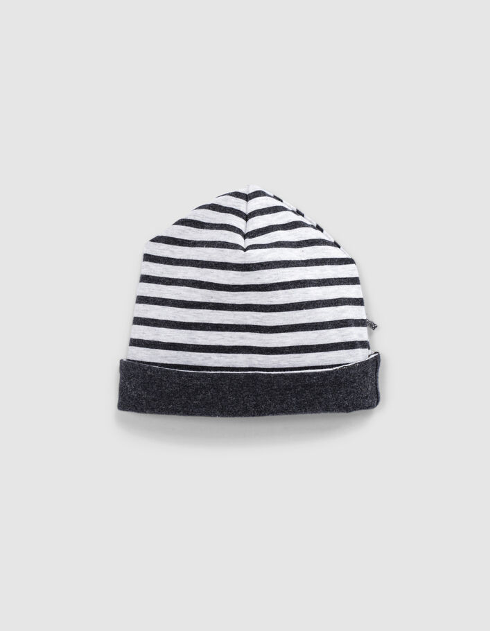 Gorro reversible gris jaspeado y rayas algodón bio bebé-2