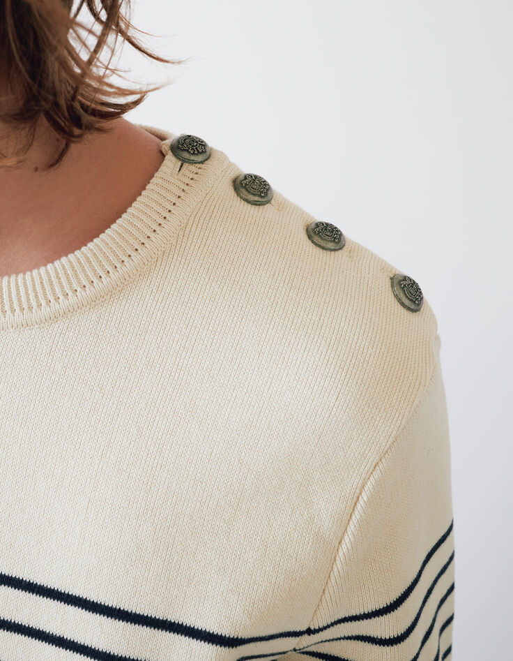 Pull marin blanc cass&eacute; tricot &agrave; rayures marine Homme-4