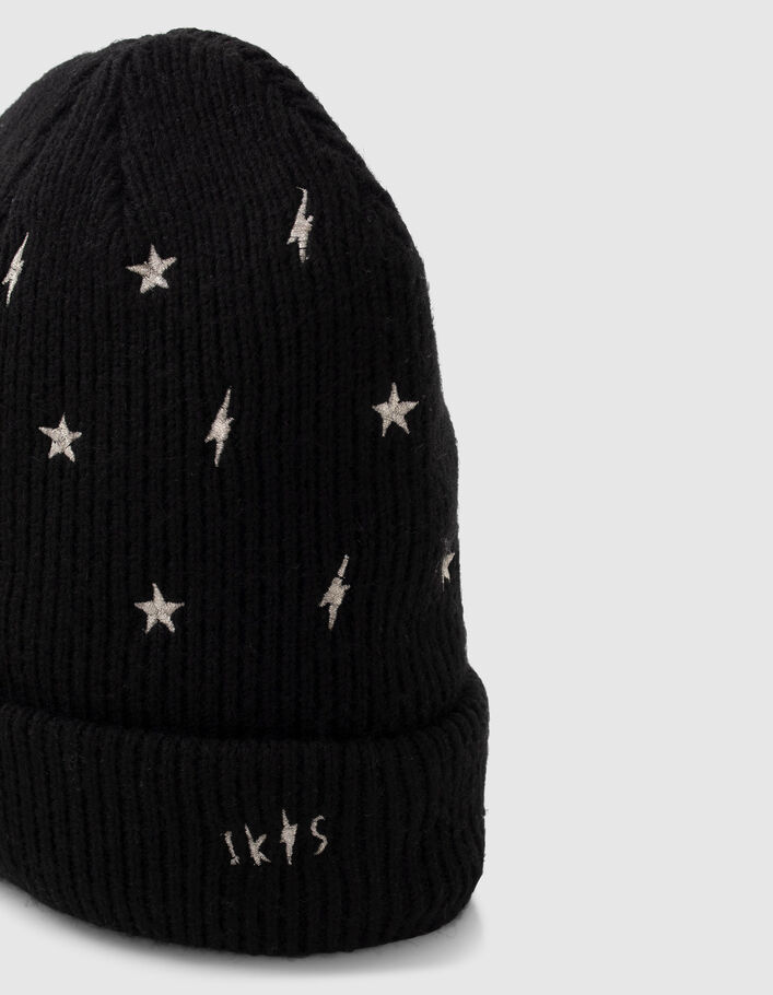 Girls’ black knit beanie, embroidered gold stars/lightning - IKKS