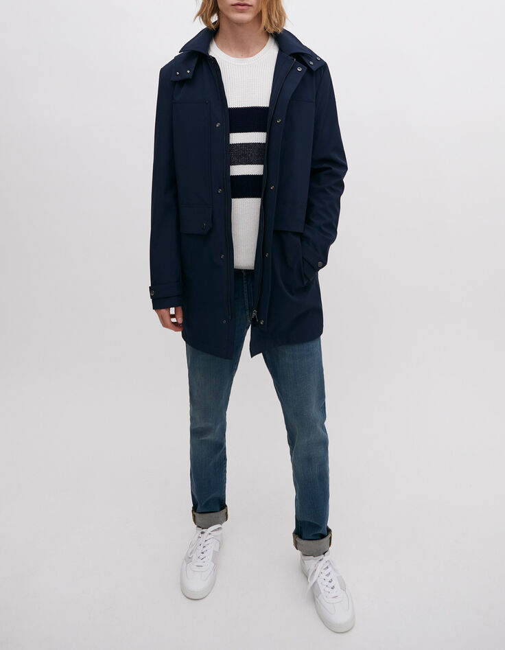 Marineblauer Herrenkapuzenparka mit doppelten Taschen-6