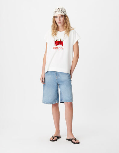 Tee-shirt col rond blanc visuel piments et messages Femme - IKKS