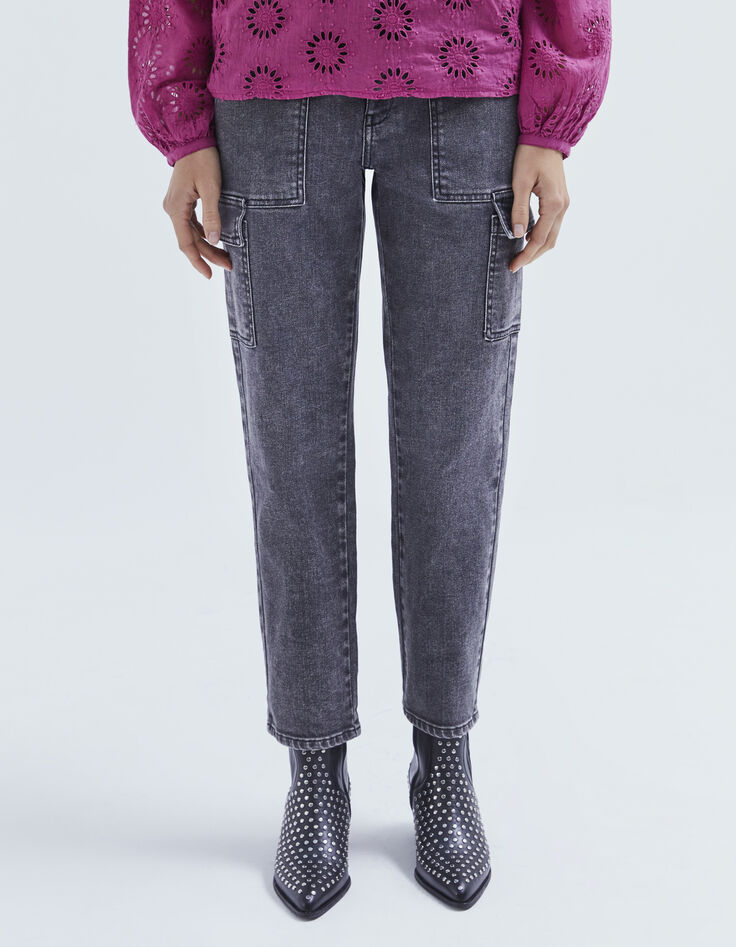 Jean gris battle cropped avec poches &agrave; rabat femme-4