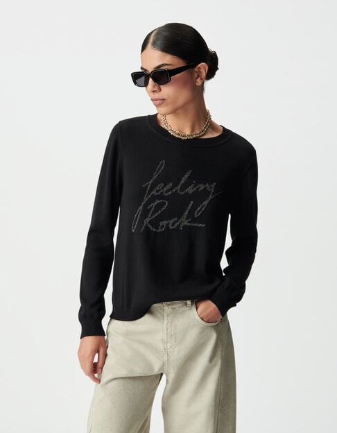 Jersey negro punto bordado mensaje mujer - IKKS