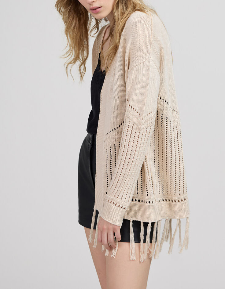Women’s ecru openwork knit cardigan with fringed edges-4 Women’s ecru openwork knit cardigan with fringed edges-4