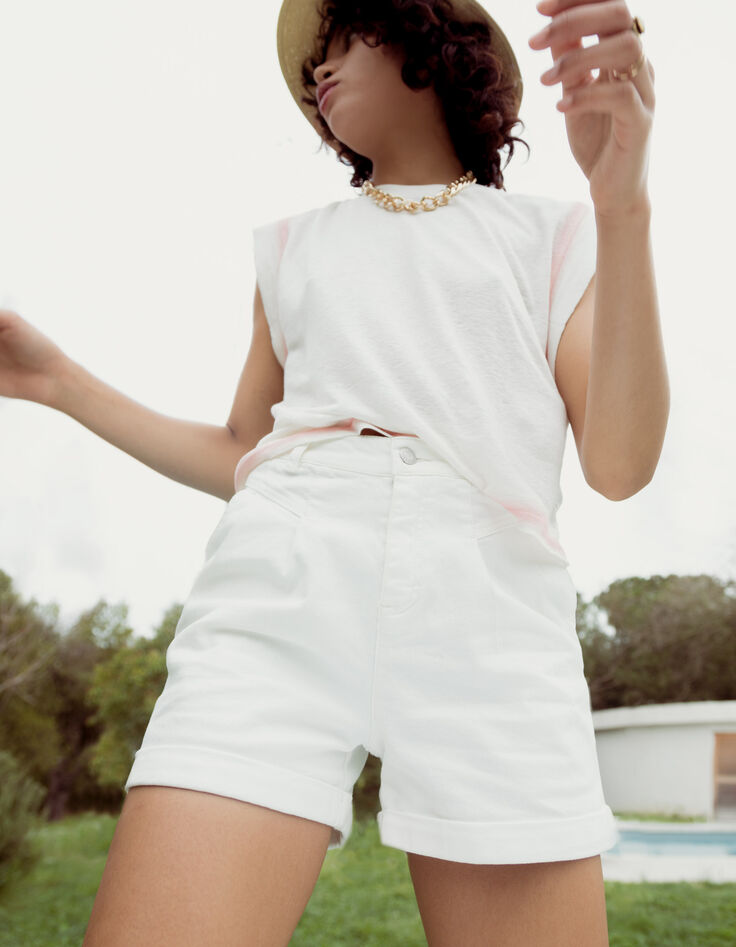 Tee-shirt cropped écru effet spray rose femme-5 Tee-shirt cropped écru effet spray rose femme-5