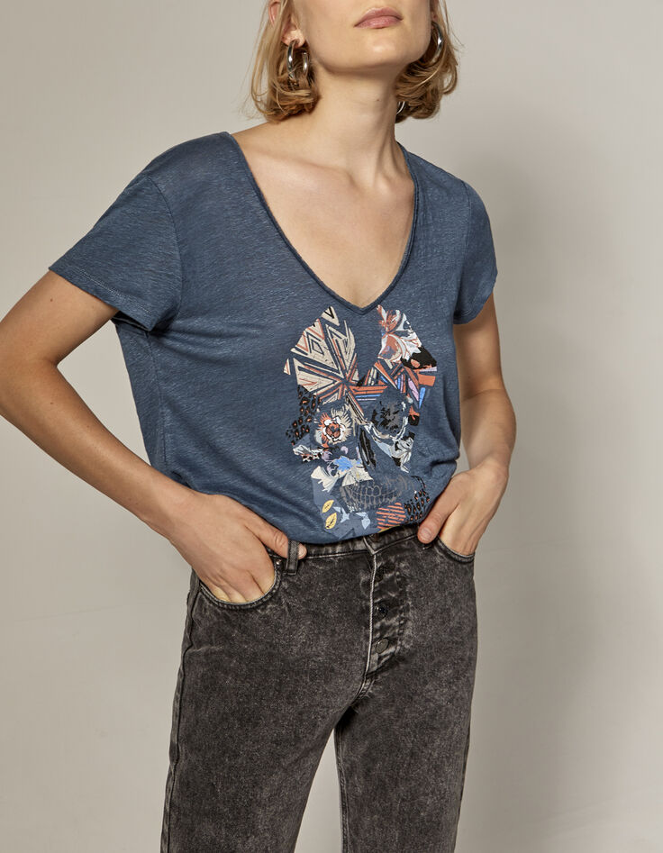Women’s gypsy blue linen T-shirt with skull image-1