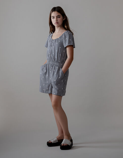 Combishort noir imprimé vichy et fleurs fille - IKKS