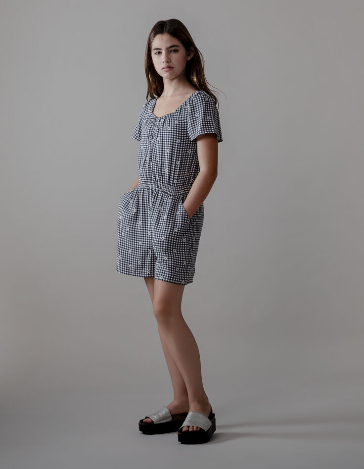 Combishort noir imprimé vichy et fleurs fille-1