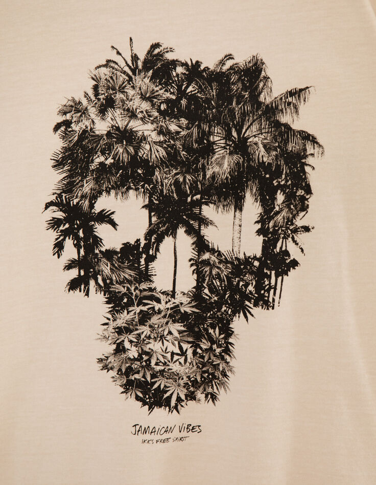 Zandkleurig T-shirt opdruk doodshoofd-palmen Heren-7