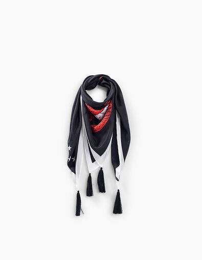 Vierkante fijne zwarte sjaal modal rode mond, witte rand - IKKS