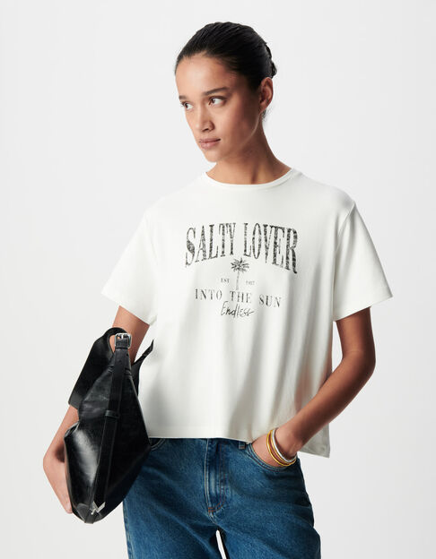 Women's white organic cotton message round neck t-shirt - IKKS