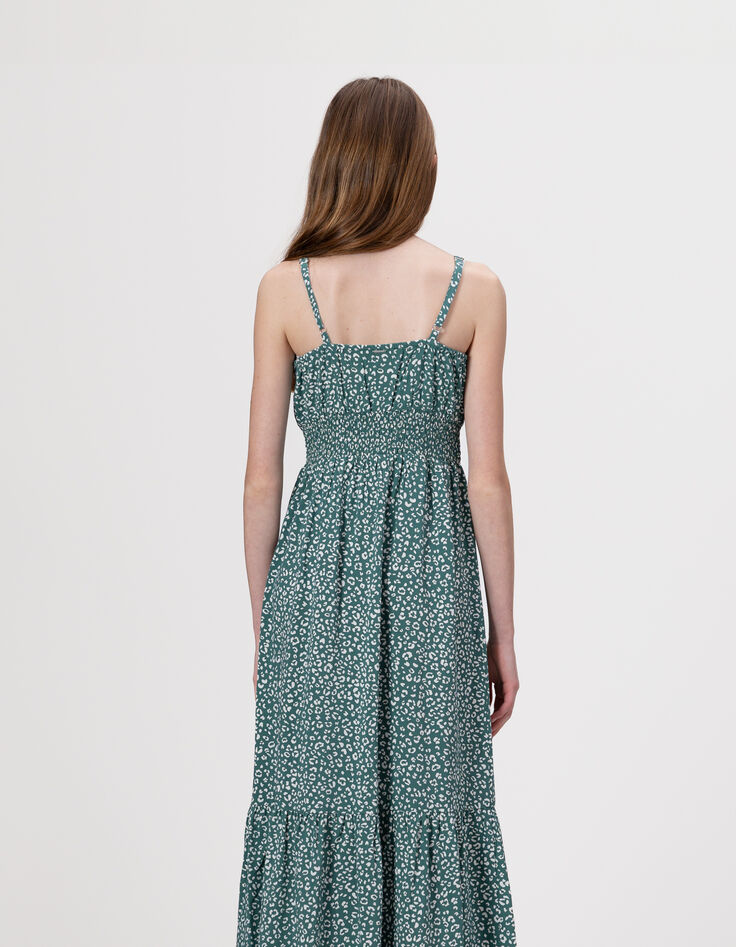 Robe longue fines bretelles verte imprimé léopard fille-4
