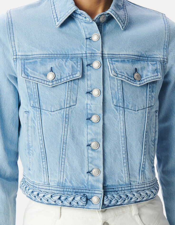 Veste en jean bleu ciel waterless d&eacute;tail tresse Femme-4