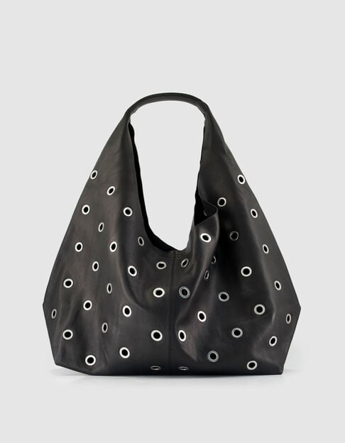 Sac Hobo noir cuir d&eacute;cor maxi oeillets Taille XL Femme - IKKS