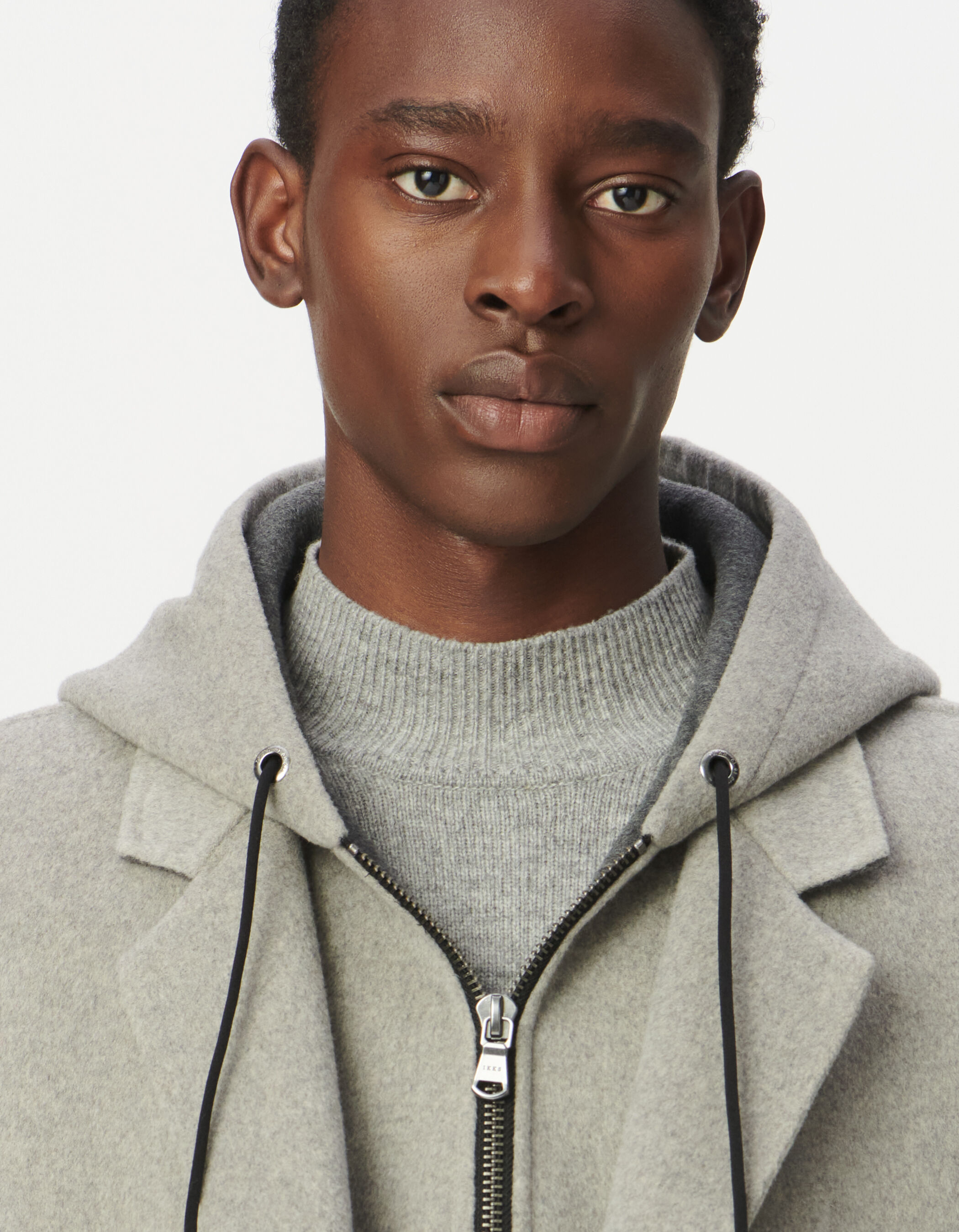 Men's grey coat with detachable hood facing