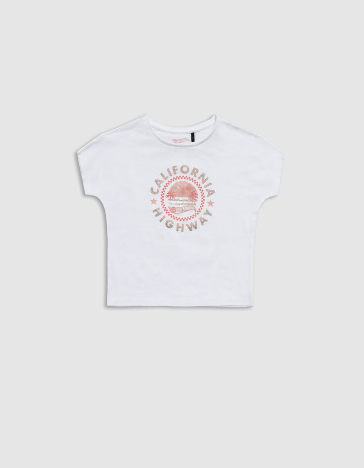 T-shirt blanc coton bio palmiers HOT WHEELS x IKKS fille-3