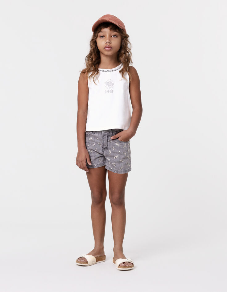 Short en jean gris coton bio brodé fille-1