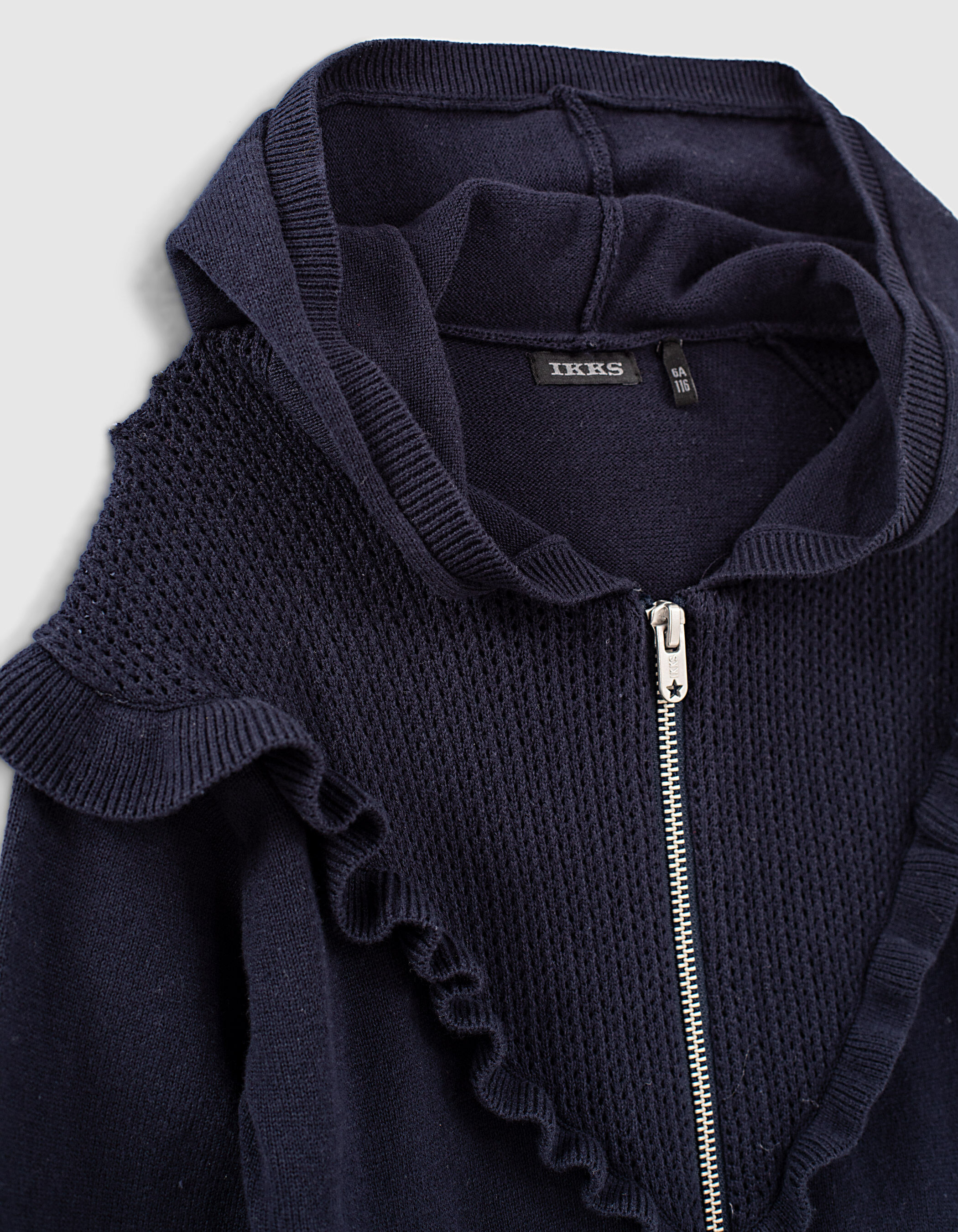 Girls' navy openwork knit and ruffle 