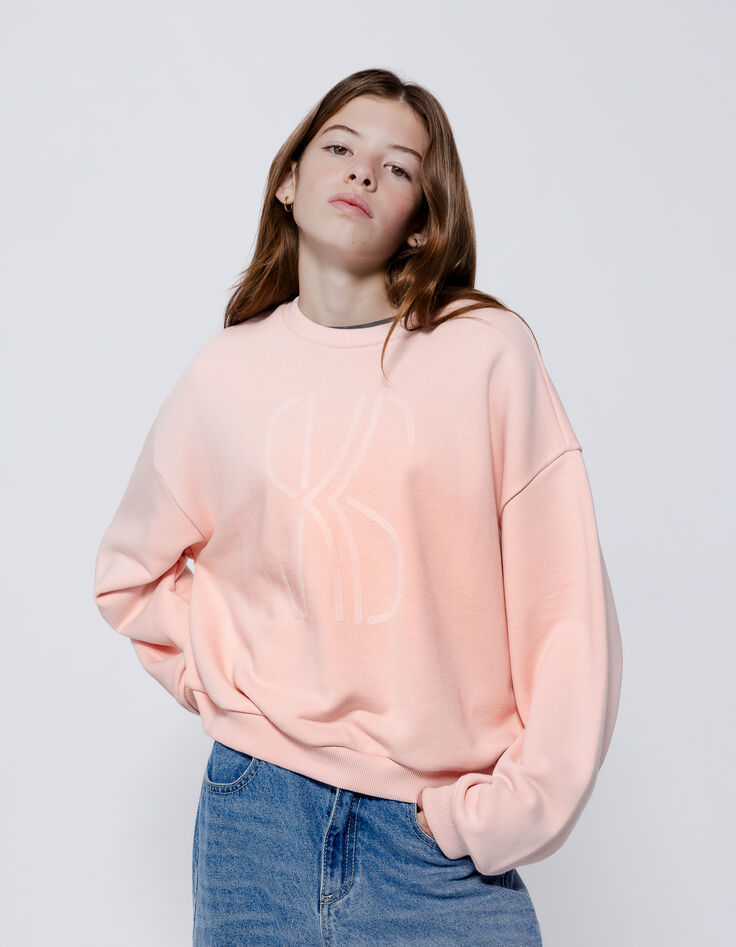 Pink monogrammed velour sweater for girls-1