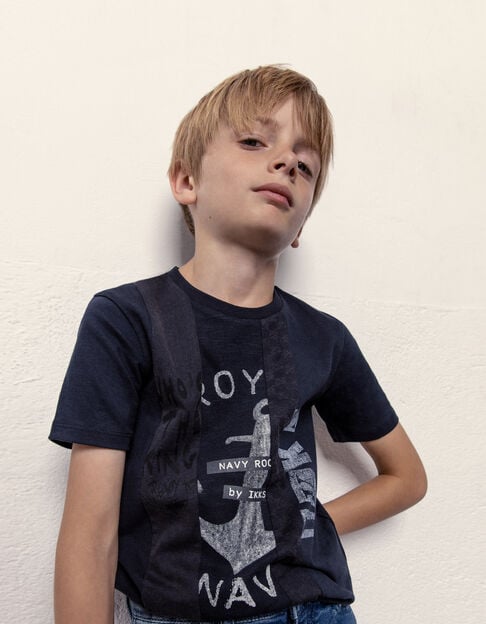 Boys’ navy T-shirt with print and seams