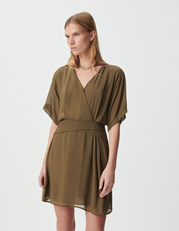 Robe cache-coeur kaki taille drapée Femme-3 Robe cache-coeur kaki taille drapée Femme-3