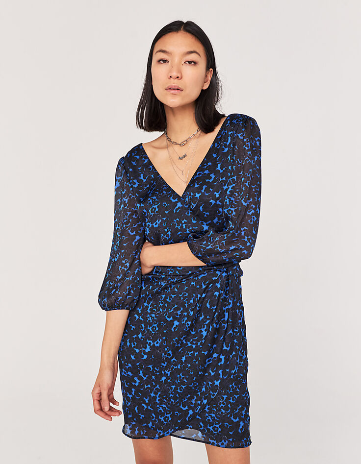 Robe drapée imprimé léopard noir et bleu recyclé femme-7