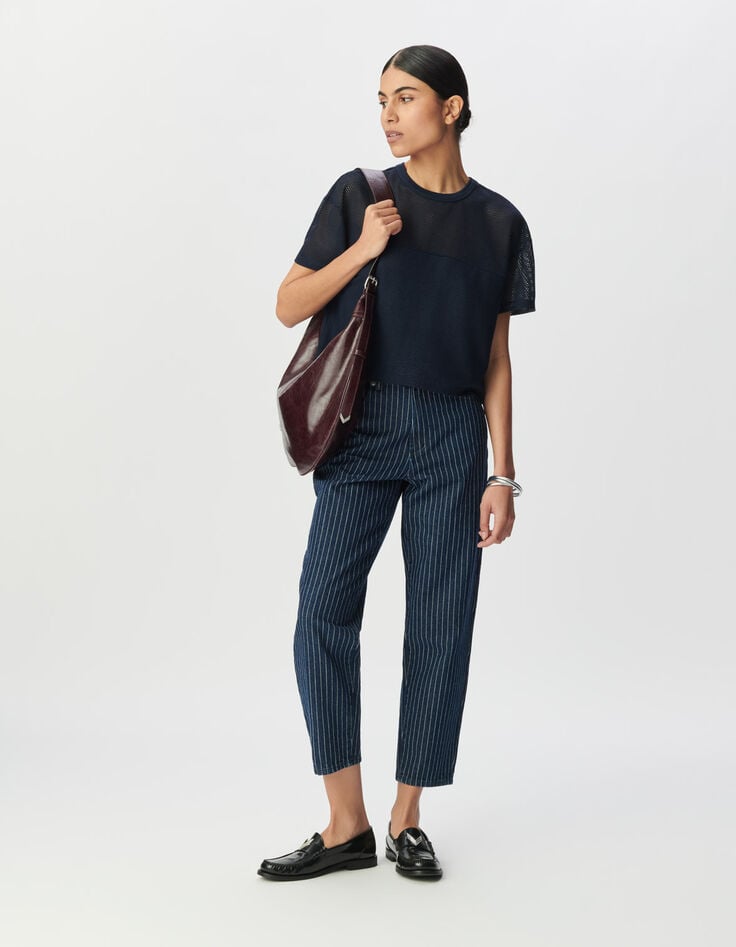 Tee-shirt marine maille résille en relief Femme-1