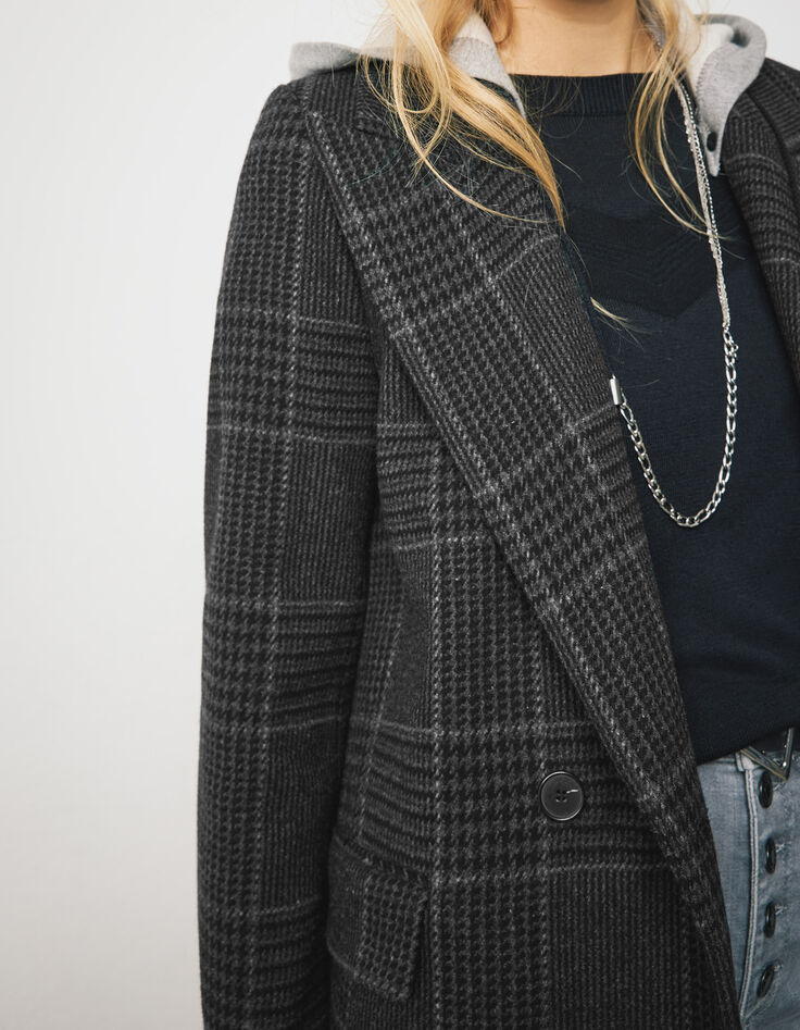 Manteau long à carreaux gris et capuche en molleton femme-4