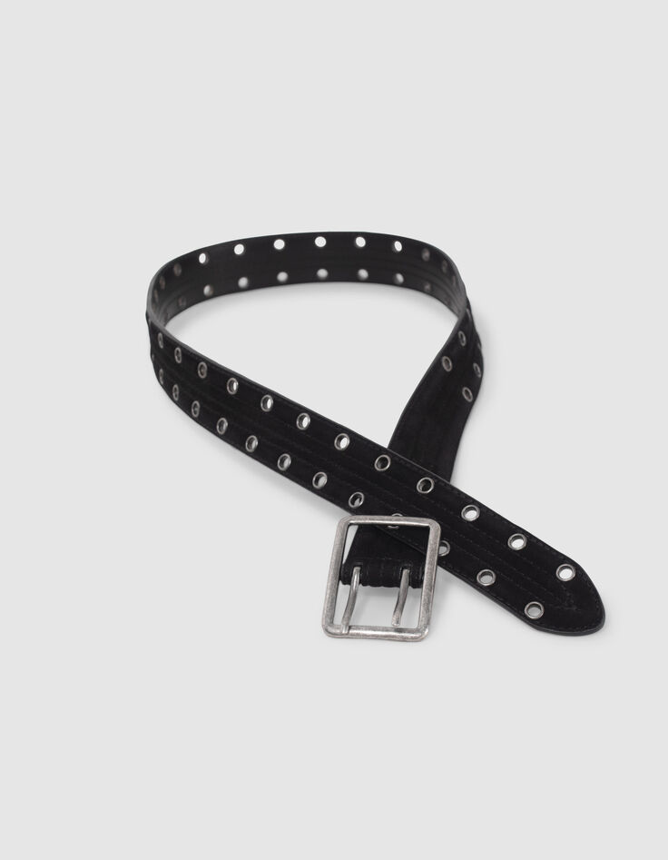 Ceinture noire cuir velours matelassé à œillets Femme-5