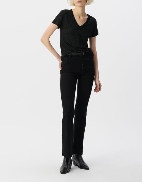 Tee-shirt noir lurex r&eacute;versible tressage encolure V Femme - IKKS