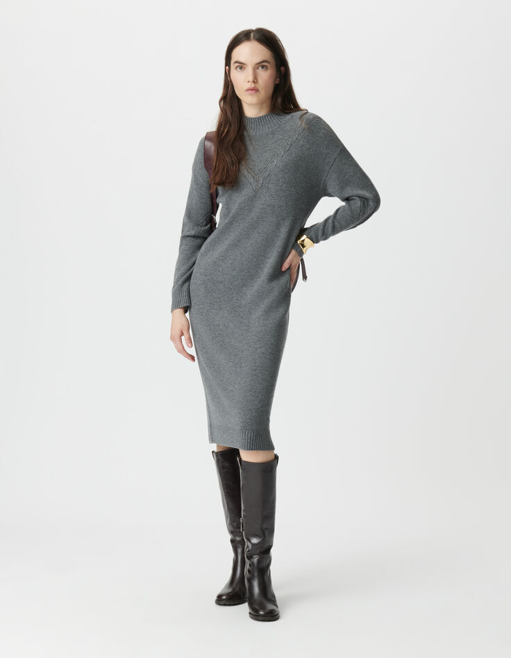 Robe pull grise tricot torsades placées Femme-1 Robe pull grise tricot torsades placées Femme-1