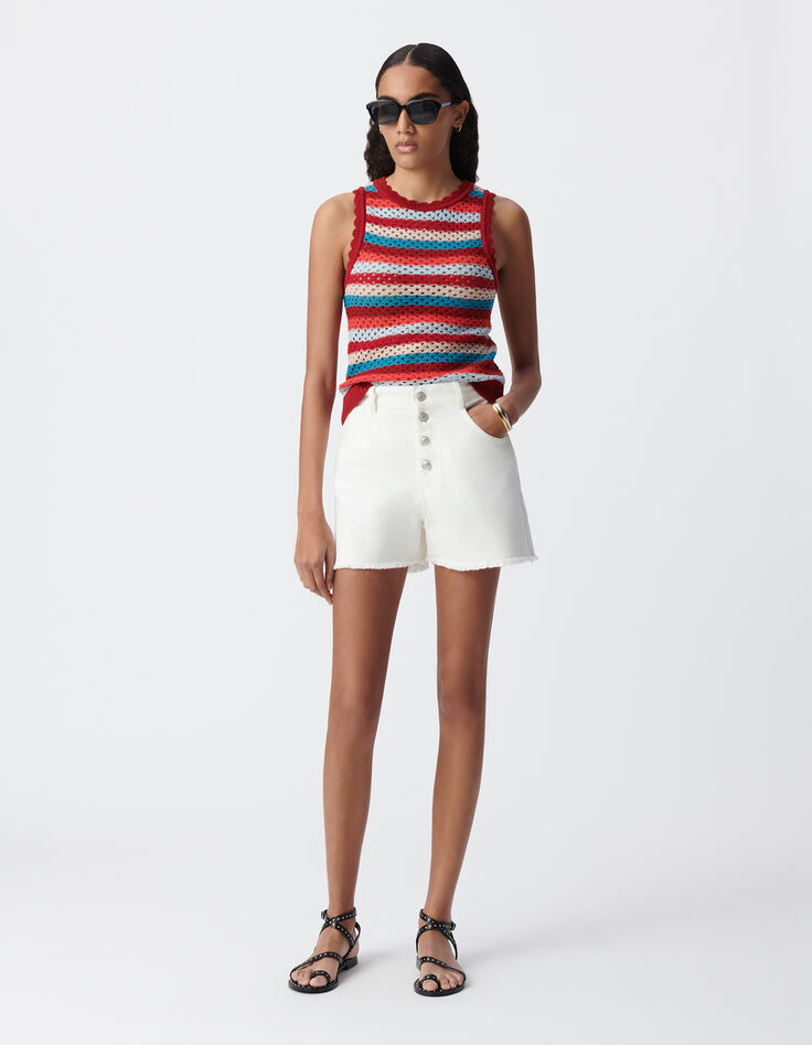 Top rouge tricot ajouré motif rayures Femme-2