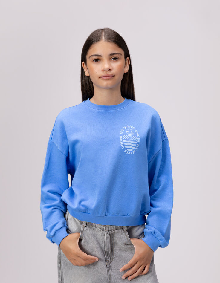 Blaues Maxi-Mädchensweatshirt mit Rückenmotiv-1