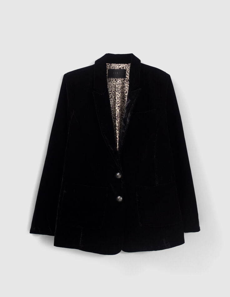 Veste en velours noir recyclé doublure léopard Femme-5