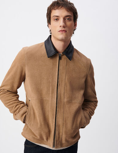 Beiger Velourslederjacke schwarzer Kragen - IKKS