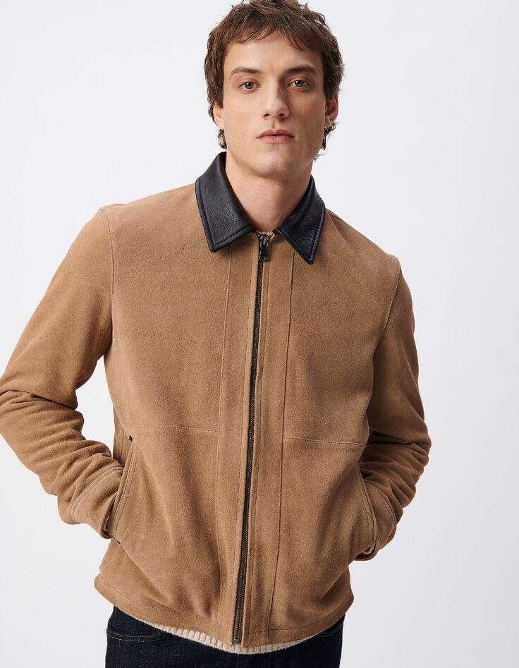 Beiger Velourslederjacke schwarzer Kragen-1