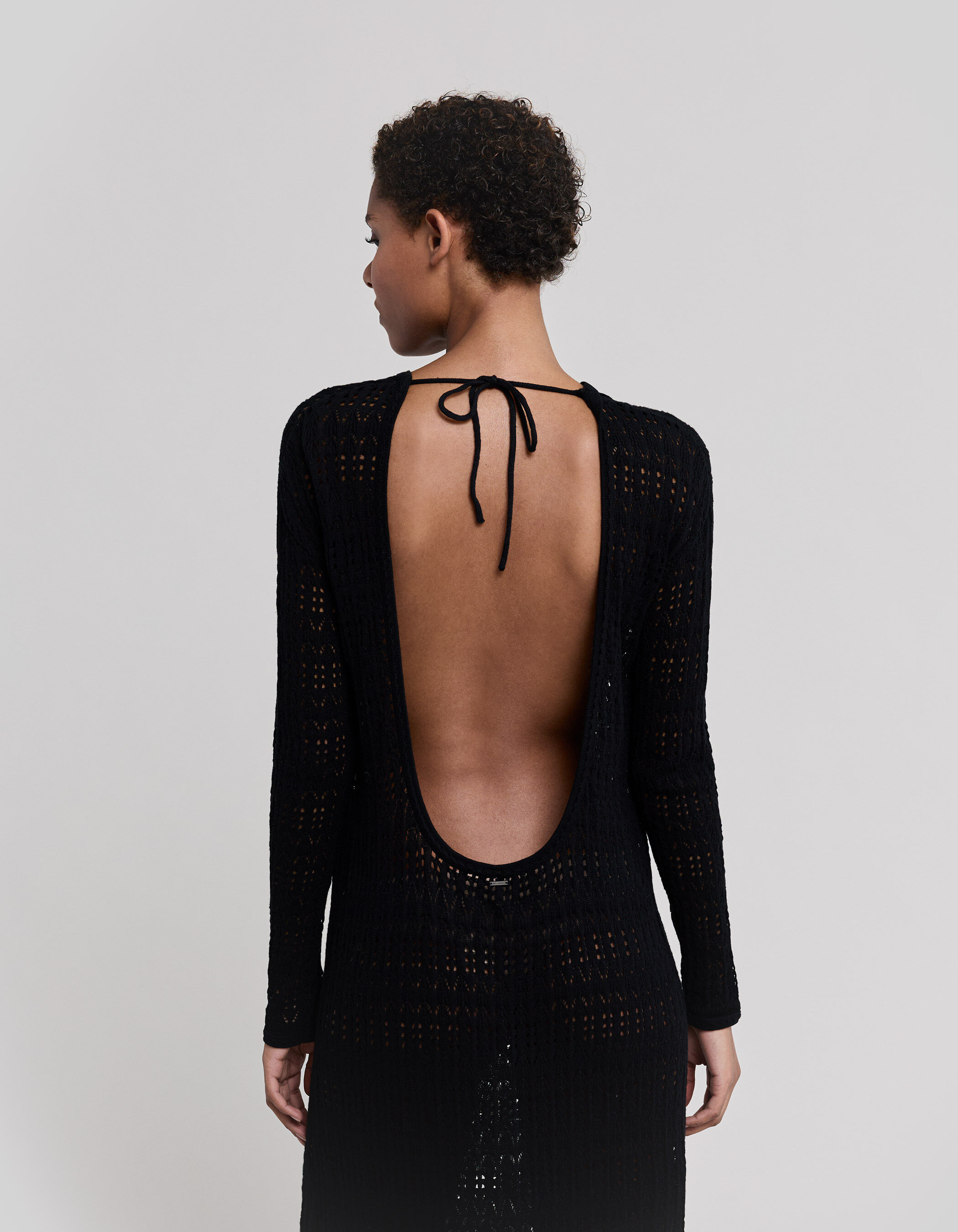 Robe longue noire tricot filet ajoure Femme IKKS