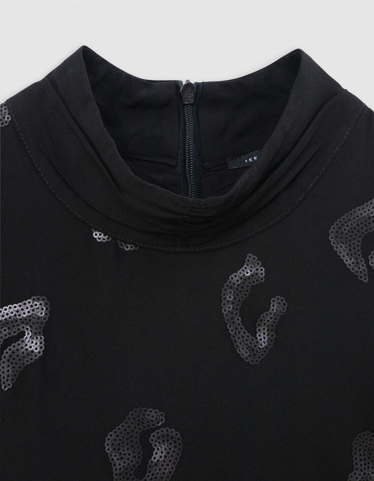 Blouse manche longue noire motif léopard brodé sequins Femme-8