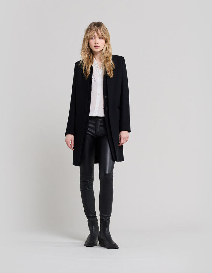 Manteau mi-long noir double col enduit femme - IKKS
