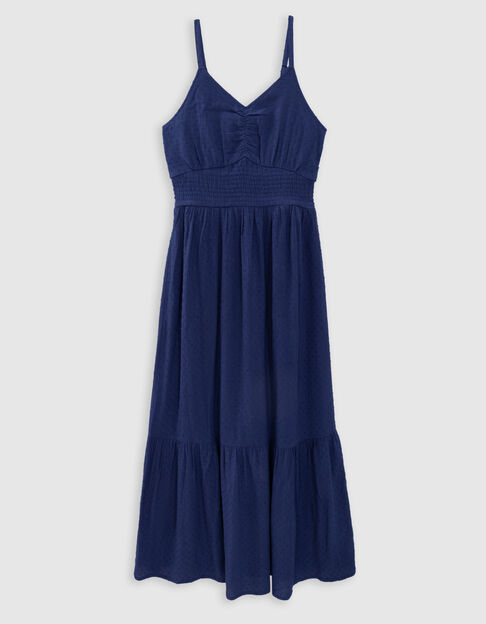 Blaues Maxikleid, M&auml;dchen, Jacquard-Motiv, Federstickerei - IKKS