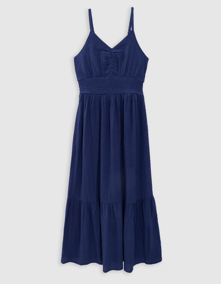 Robe longue bleue jacquard motif plumetis fille-4 Robe longue bleue jacquard motif plumetis fille-4