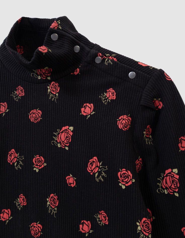 Schwarzes Mädchen-T-Shirt lange Ärmel gerippt Rosenprint-4 Schwarzes Mädchen-T-Shirt lange Ärmel gerippt Rosenprint-4