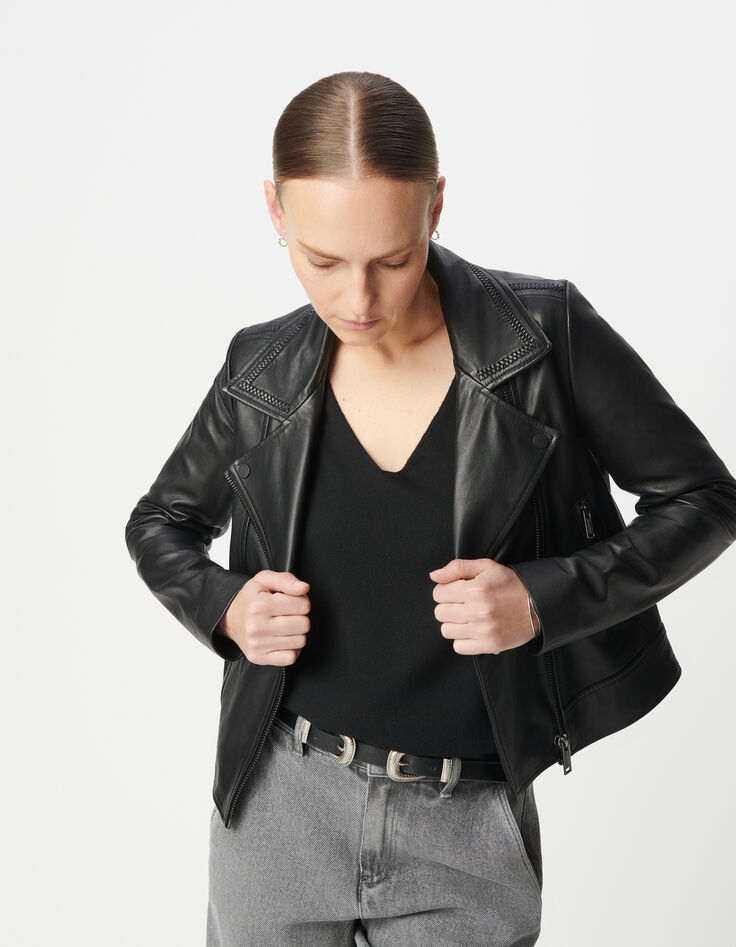 Women's black leather biker jacket with removable front panel-4