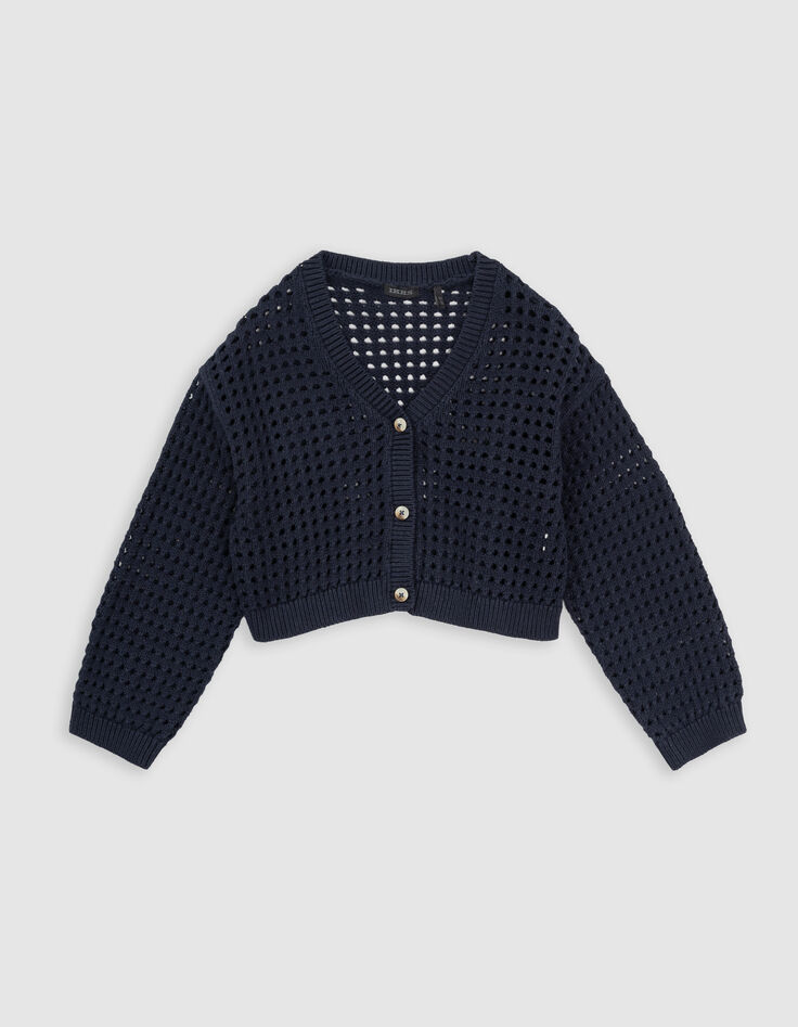 Cardigan marine coton bio tricot ajouré fille-2