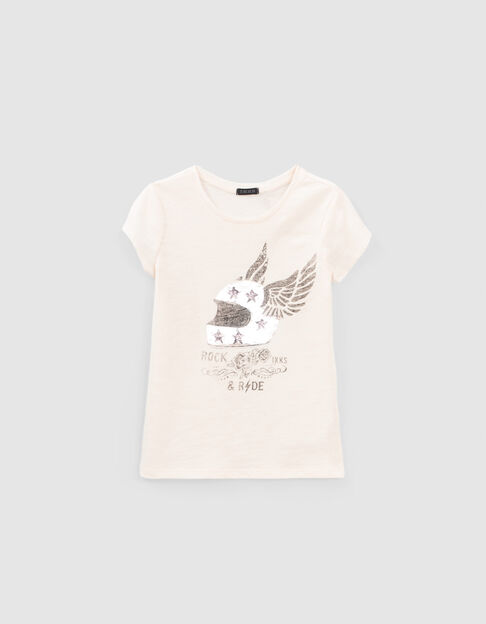 T-shirt blanc casque-ailé brodé sequins réversibles fille