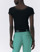 Tee-shirt noir côtelé bord dentelle Femme-1