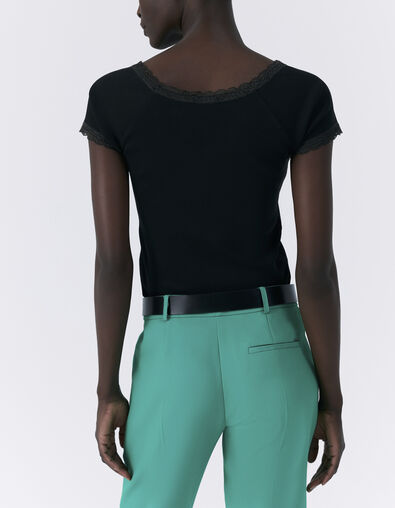 Tee-shirt noir côtelé bord dentelle Femme - IKKS